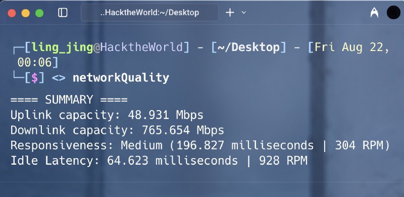#知识 #技巧 学到了，直接输入一个命令 networkQuality 来检查你的 Mac 网络速度情况，不需要装啥软件和打开啥页面，甚至可以设置一个 alias net = "networkQuality" 更简单使用